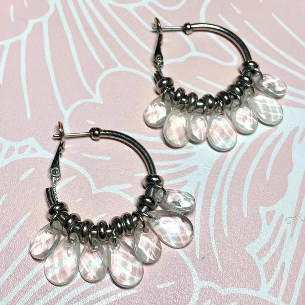 Clear Dangling Crystal Hoop Earrings with Hinge Closure